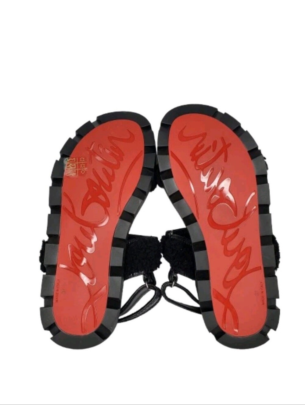 Christian Louboutin The Lock Black Wool Shearling Embossed Sandals - Picture 4 of 5